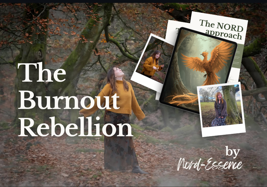Product image for “The Burnout Rebellion” by Nord-Essence — a self-led burnout recovery course for high-functioning women. Features tablet with phoenix illustration, nature photography, and NORD method materials. Footprints suggest a personal transformation journey.