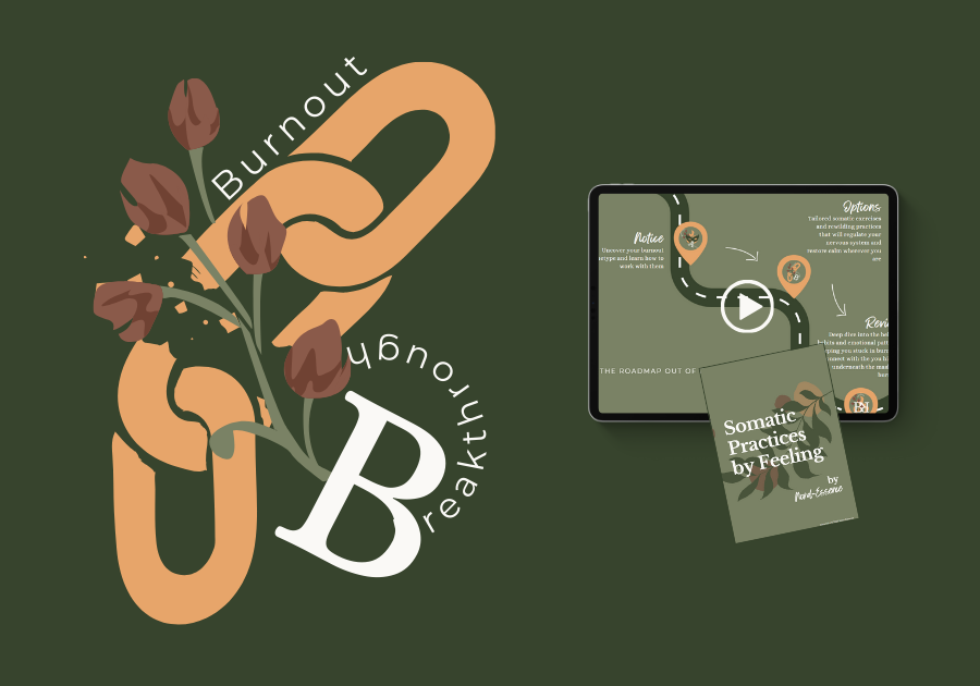 Product image for "Burnout Breakthrough" A broken orange chain blooms with flowers, symbolising release and renewal. The words “Burnout Breakthrough” curve around the image. A tablet screen offers somatic exercises for nervous system regulation, and a booklet titled “Somatic Practices by Feeling” sits below, inviting emotional healing through embodied practice.