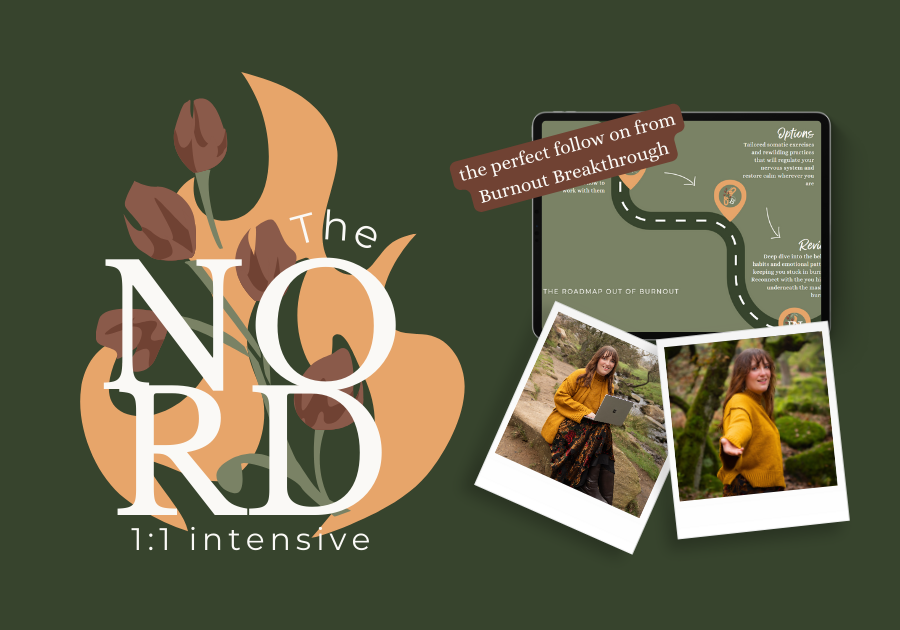 Product image for “The NORD intensive” — a 90-minute 1:1 coaching intensive by Nord-Essence. Bold white text reads “The NORD 1:1 intensive” over a floral and flame background. A tablet screen displays a roadmap titled “MAP OF BURNOUT” with steps: “Options,” “Review,” and “Direction.” Above the tablet, a label says “the perfect follow on from Burnout Breakthrough.” Two Polaroid-style photos show Nord-Essence founder Rhiannon outdoors in a mustard sweater, one holding a laptop, one smiling.