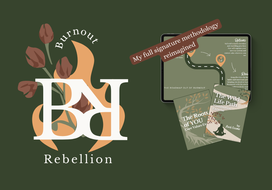 Product image for “The Burnout Rebellion” Logo featuring intertwined “BR” initials with brown tulips and orange flames, symbolising fierce transformation. To the right, a tablet displays a roadmap with sections “Review” and “Direction,” offering neuroscience-backed insight and grounded next steps. Below are two booklets: one for core values, one for visualisation, supporting emotional clarity and embodied direction.