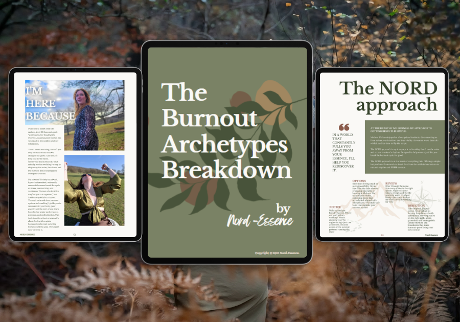 Product image for “Burnout Archetypes Breakdown” by Nord-Essence — a free digital download that helps high-functioning women identify their burnout archetype. Includes tablet mockup, printed worksheets, and nature imagery with leaf motifs and boot prints.